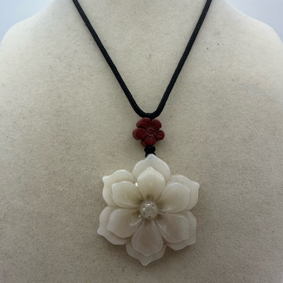 Handmade Jade and Cinnabar Double Flower Pendant Necklace on Adjustable Rope - Picture 3 of 9